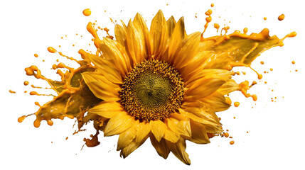 Close-up of sunflower with golden oil splashes vibrant natural healthy concept cooking ingredient isolated on white background