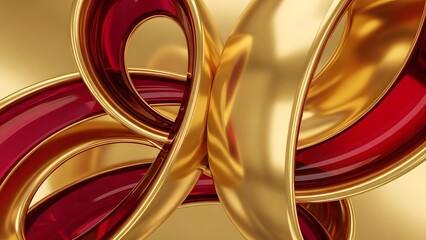 Abstract intertwined gold and ruby ribbons forming elegant curves