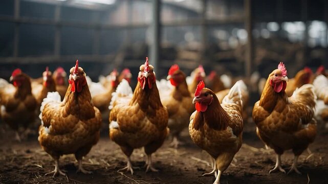 A group of brown chickens moves around inside a barn on a farm early in the morning. The light filters through the structure, highlighting their activity and daily routines