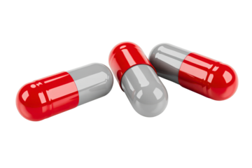 Three red and gray capsules isolated on transparent background