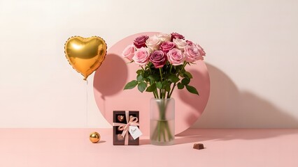 A romantic gift arrangement with roses and chocolates