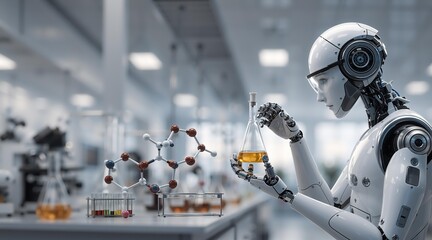Robot artificial intelligence or android scientist working in a laboratory. Ai robot looking at a flask with fluid for future technology and innovation concept.