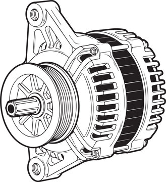 Automotive alternator drawing in black and white sketch style showing detailed parts like pulley and casing for car electrical system repair service