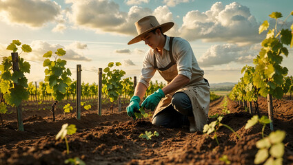Detailed image of a young winemaker planting small vine seedlings in freshly tilled earth under a warm golden sunny sky generative AI