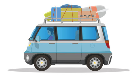 Traveling by car with suitcases and surfboards. Van car blue and grey color can view in side car. Inside car with driving man. Vector illustration on isolated white background.