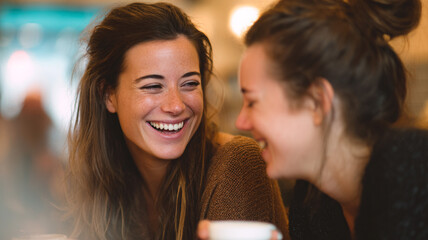 Friends sharing laughter over coffee, genuine human connection