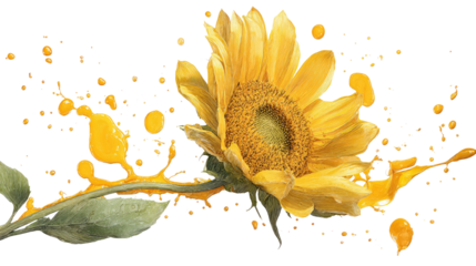 Sunflower with vibrant oil splashes artistic composition bright floral concept creative natural elements isolated on white background