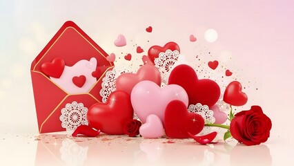 A vibrant display of red and pink hearts overflowing from an open envelope, with a single red rose and scattered rose petals.