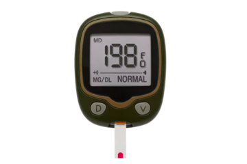 Digital blood glucose meter displaying normal reading isolated on transparent background