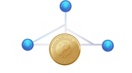 Bitcoin coin with blue nodes and white lines on black isolated on a transparent background