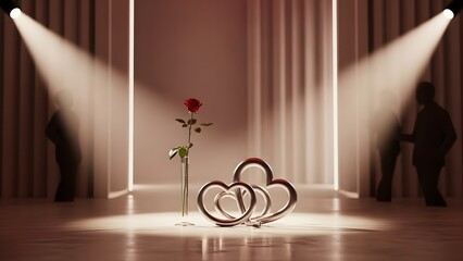 A single red rose and intertwined hearts illuminated by spotlights