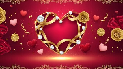 Luxurious heart background with golden roses and diamonds