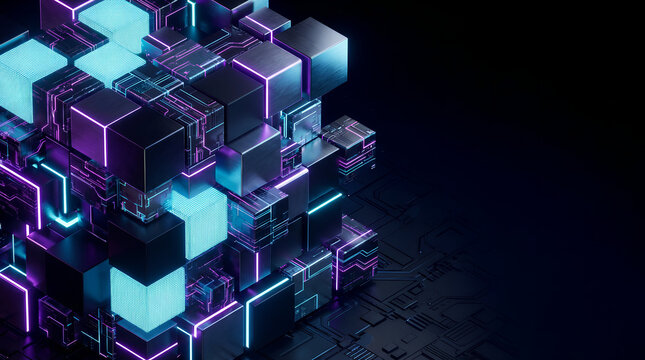 Abstract 3D futuristic structure with glowing blue and purple cubes, blockchain and big data server concept