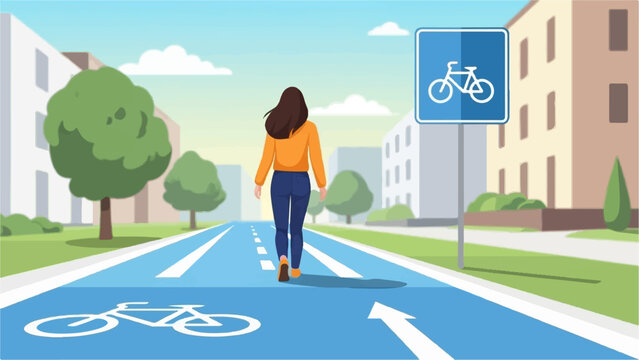 A woman walks down a bike path in a city with trees and buildings