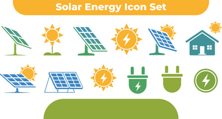 A collection of solar energy icons representing renewable power and sustainable living