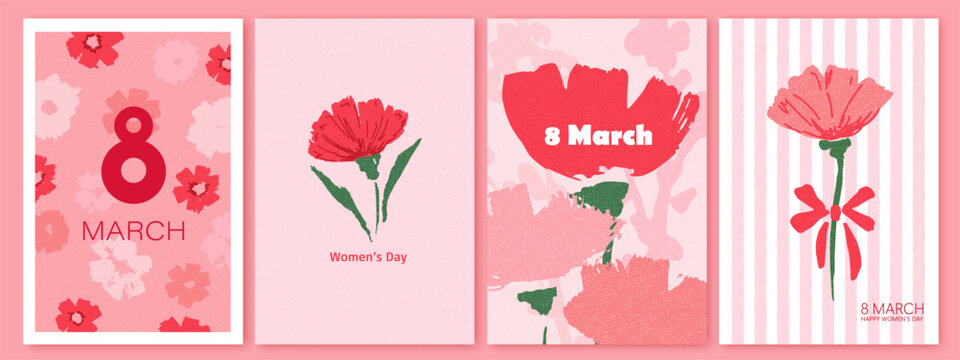 Spring red, pink hand drawn flowers. 8 March, womens day holiday greeting cards set. Bright colorful botanical background, pattern. 
