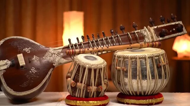 Sitar and tabla instruments on a table.