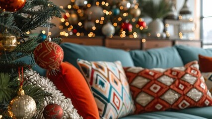 A living room is decorated for Christmas with a green tree adorned with colorful ornaments. Soft pillows lay on a blue couch. Lights twinkle in the background, creating a festive atmosphere