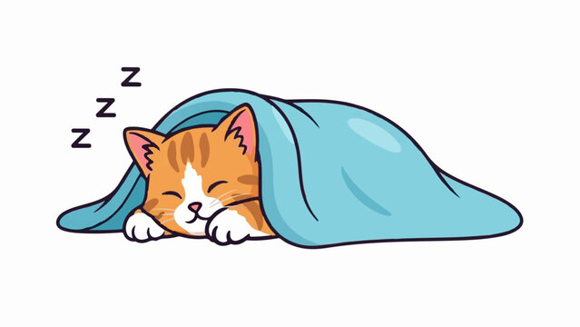 Adorable orange kitten sleeps soundly under a cozy blue blanket, Zzzs