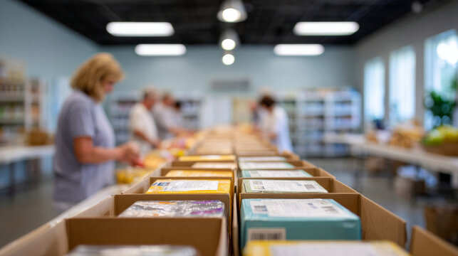 Volunteers sorting and packing food items in boxes inside a spacious community food bank with shelves and natural light - Powered by Adobe