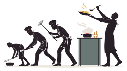 Silhouettes of chefs cooking in a bustling commercial kitchen