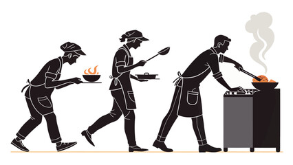 Silhouettes of chefs cooking and preparing food in a commercial kitchen