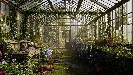 An old, abandoned greenhouse filled with lush green plants, vibrant flowers, and climbing vines under a bright, sunny sky, creating a serene and overgrown botanical haven.