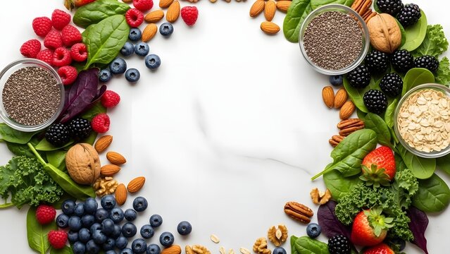 A vibrant assortment of fresh berries, nuts, seeds, and leafy greens arranged in a decorative circular pattern on a white marble background, emphasizing healthy eating. - Powered by Adobe