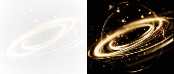 Golden curved light trail with spark particles and soft glow on transparent background. Bright arc swirl with glitter dust for overlays, headers and abstract design fire png effect