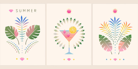 Tropical summer illustrations with palm leaves cocktails and vibrant color schemes