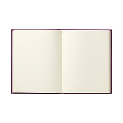 Fototapeta premium Open blank book with purple cover and cream pages isolated on transparent background, empty notebook template for design