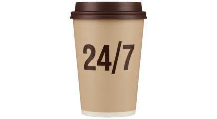 Coffee cup with 24/7 text isolated isolated on a transparent background