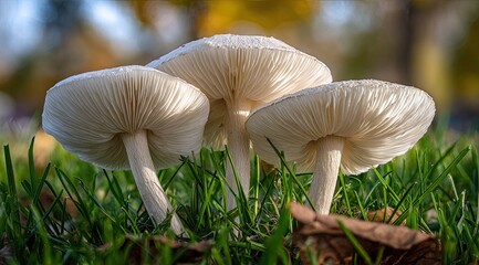 Trio of white mushrooms with radial gills in a grassy lawn