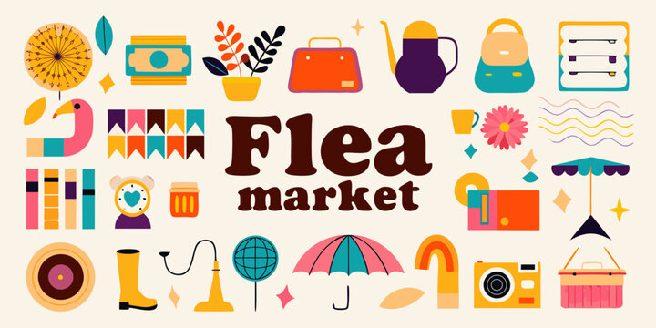 Colorful illustration of vintage objects and the word flea market displayed