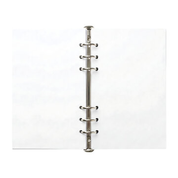 Open blank white spiral notebook or binder with metal rings isolated on transparent background, top view