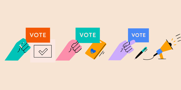 Illustration showcasing voting actions hands ballot boxes and a megaphone