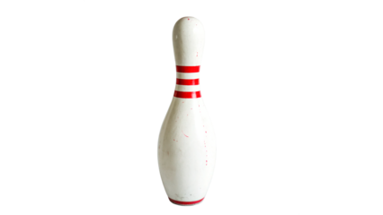 single white bowling pin with red stripes isolated on transparent background	
