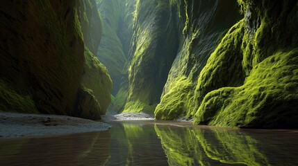 Lush Green Canyon with Mirror-like Water Reflection at Sunrise