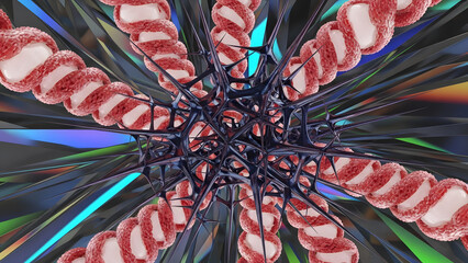 Abstract surreal connection of dna strands and sharp geometric shapes