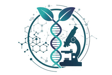 Futuristic dna helix with leaves microscope and molecular structures science technology