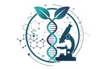 Futuristic dna helix with leaves microscope and molecular structures science technology