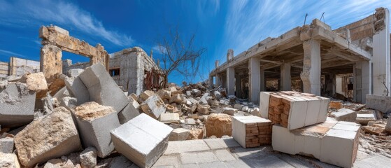 Concrete stones and bricks are stacked among debris in a damaged building site after an explosion in a close-up view