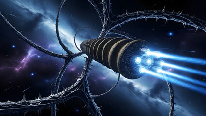 Futuristic spacecraft with glowing blue engines traversing a starry galaxy amidst dark cosmic structures