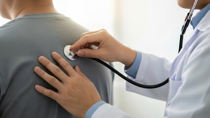 Doctor Listening to Patients Lungs with Stethoscope During Medical Checkup.