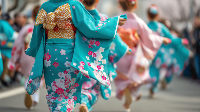 Tenjin Plum Festival, Women in colorful kimono dancing during Tenjin Plum Festival parade in traditional Japanese street celebration