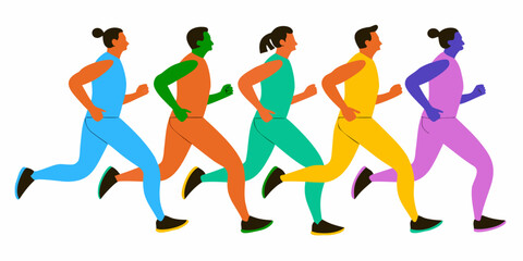 A line of diverse runners depicted in a minimalist colorful illustration