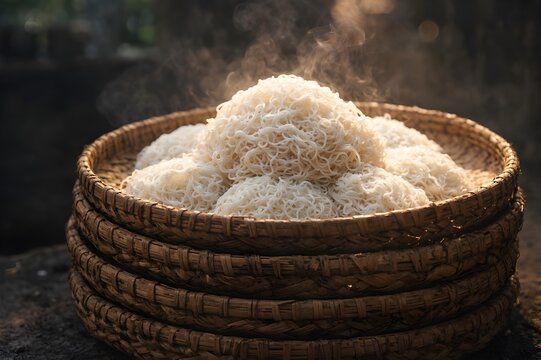 Freshly Steamed Sri Lankan String Hoppers on Traditional Cane Trays