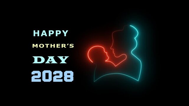 Happy Mother's Day 2028 Greeting Card with Glowing Neon Heart and Digital Floral Accents on Dark Background