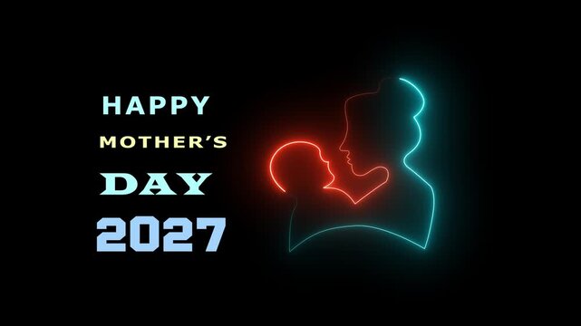 Happy Mother's Day 2027 Greeting Card with Glowing Neon Heart and Digital Floral Accents on Dark Background