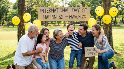 Happy Multi Generational Family Celebrates International Day of Happiness Outdoors with Yellow Balloons and a Choose Happy Sign